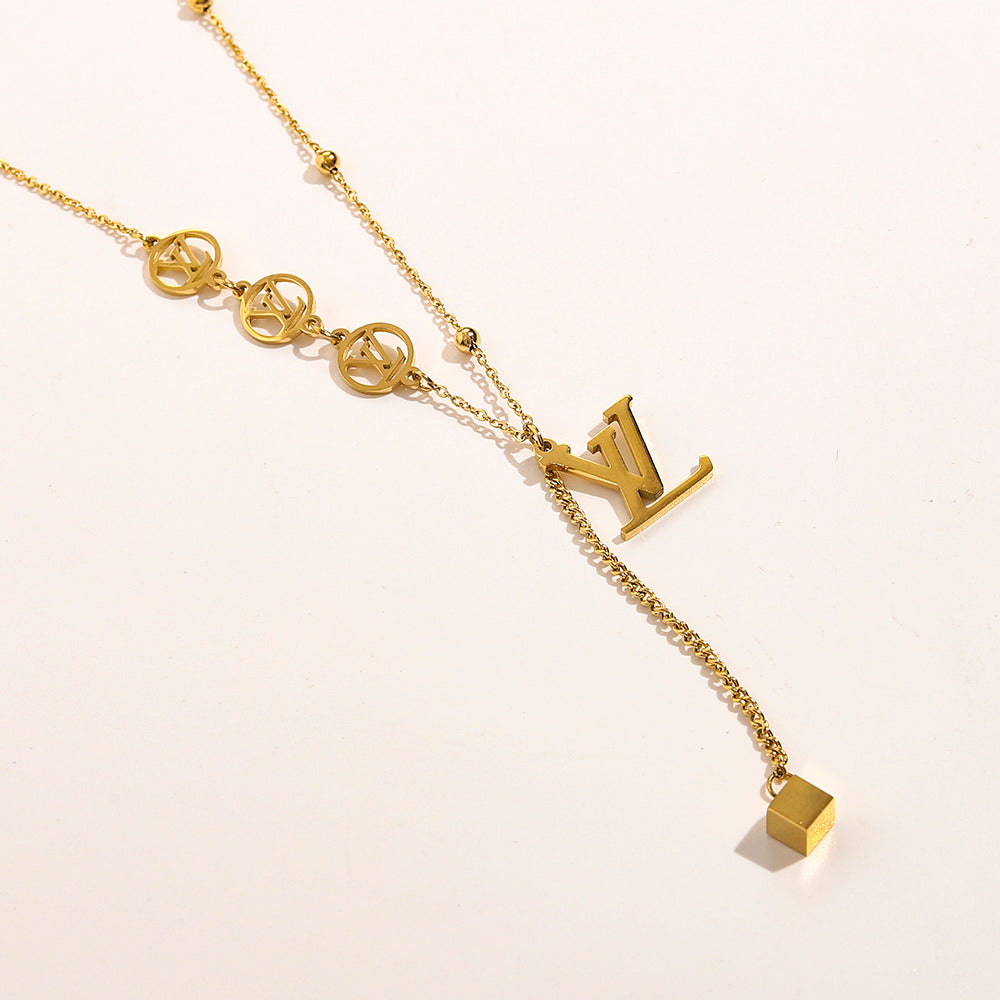 304 Stainless Steel Monogram Y-Necklace with Heart Drop