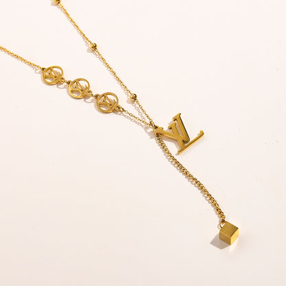 304 Stainless Steel Monogram Y-Necklace with Heart Drop