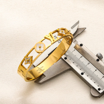 304 Stainless Steel Openwork Floral Monogram Bangle Bracelet
