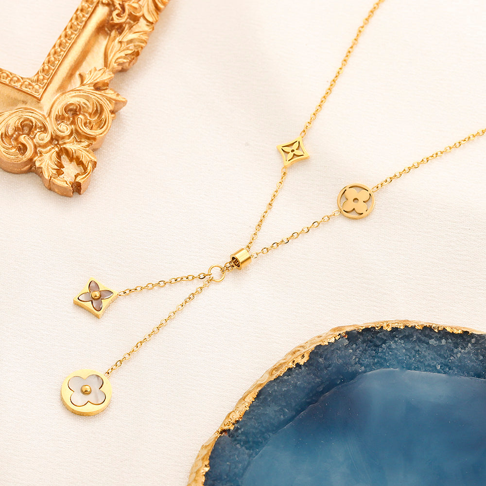 304 Stainless Steel Floral Monogram Y-Drop Necklace