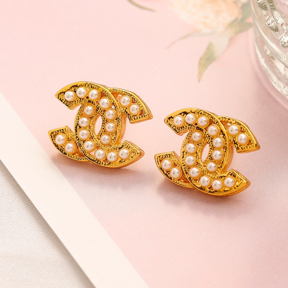 Alloy Pearl-Effect Interlocking-C Stud Earrings
