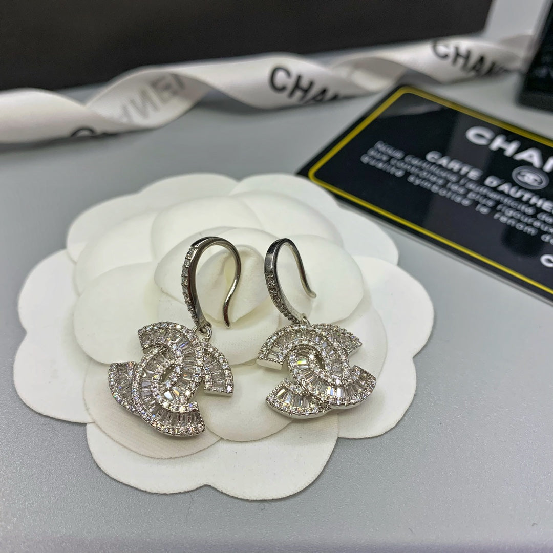 Pave Interlocking-C Hook Drop Earrings