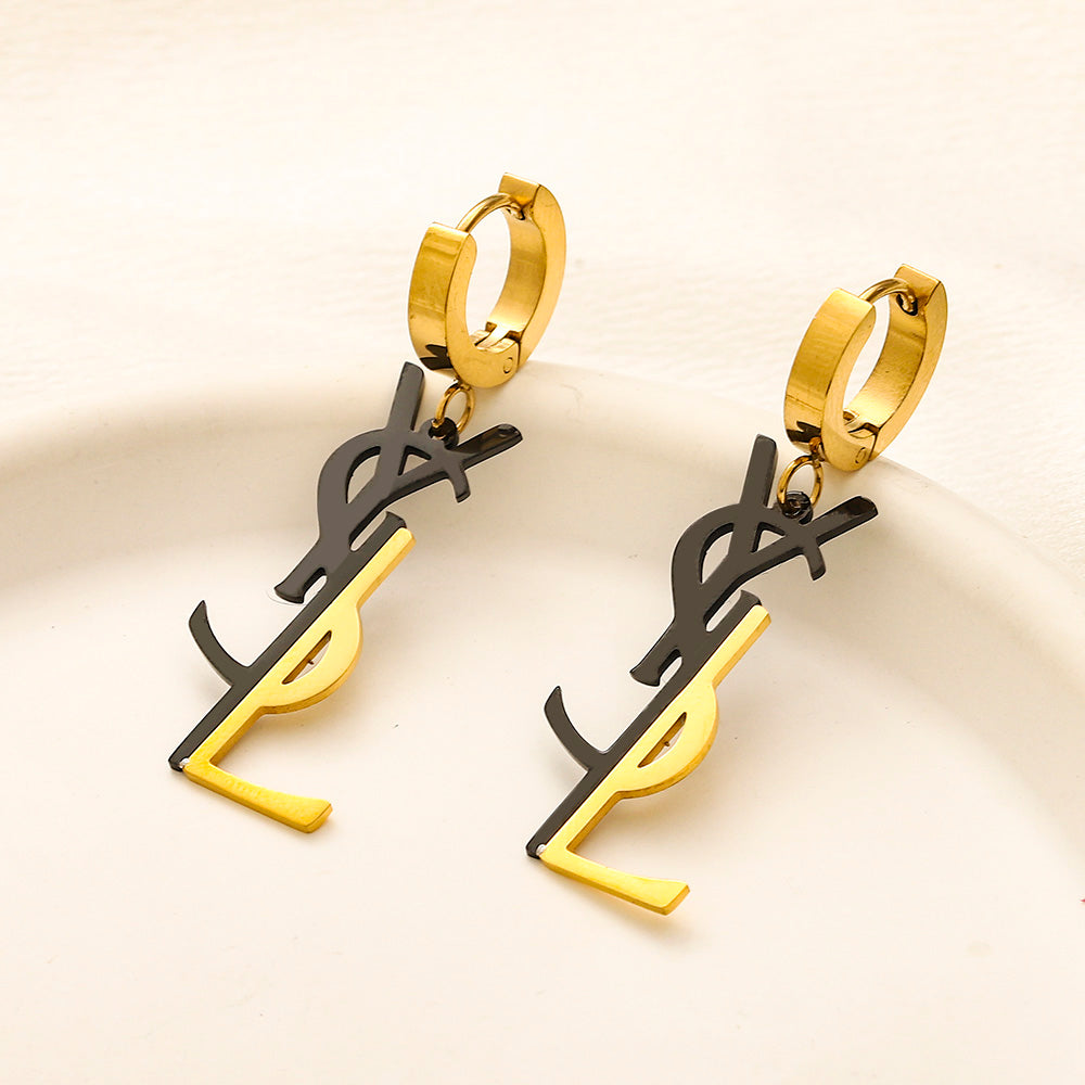 304 Stainless Steel Two-Tone Letter Charm Huggie Earrings