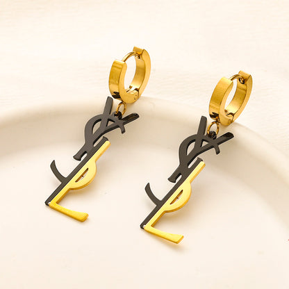 304 Stainless Steel Two-Tone Letter Charm Huggie Earrings