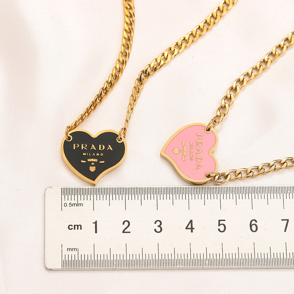 304 Stainless Steel Color-Inlay Heart Pendant Curb Chain Necklace