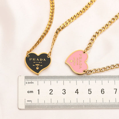 304 Stainless Steel Color-Inlay Heart Pendant Curb Chain Necklace