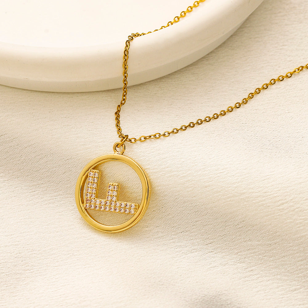 304 Stainless Steel Pave F-Motif Circle Pendant Necklace