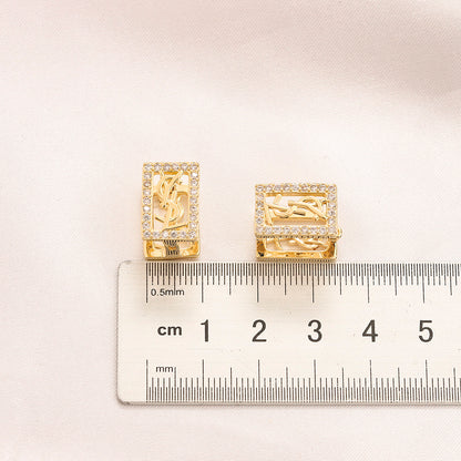 304 Stainless Steel Pave Rectangle Monogram Stud Earrings