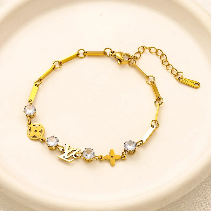 304 Stainless Steel Faceted Bead Floral Monogram Bracelet