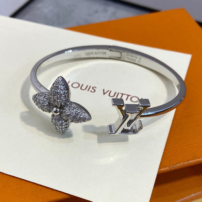 Pave Flower & Monogram Cuff Bracelet