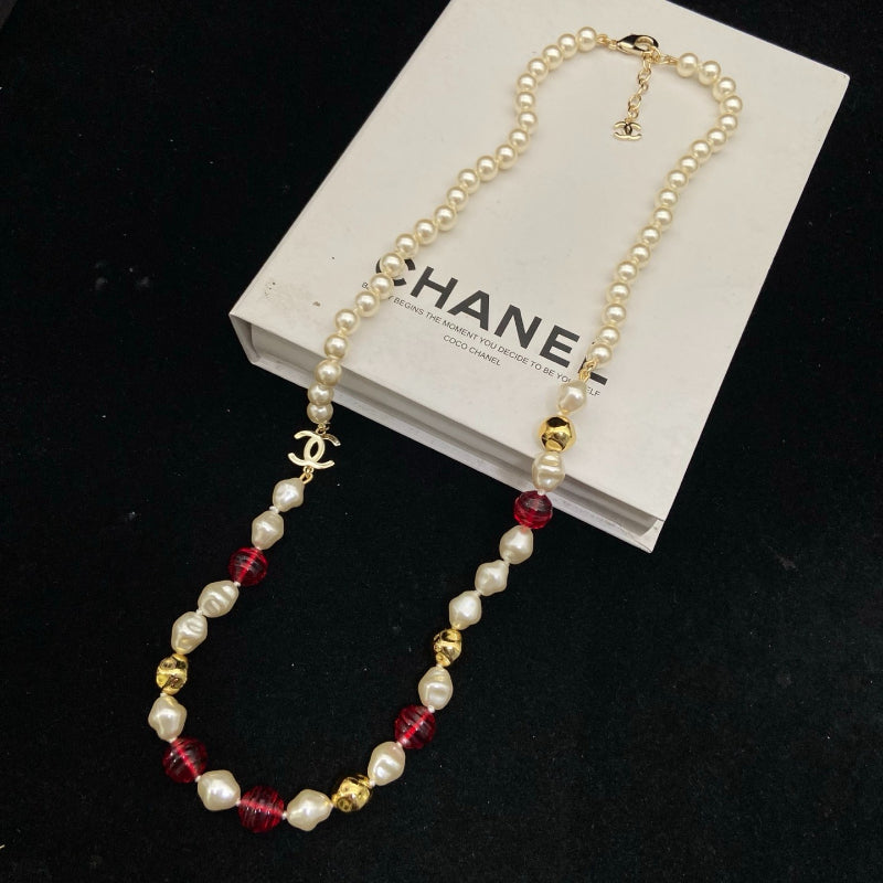 Red & Pearl-Look Bead Monogram Necklace
