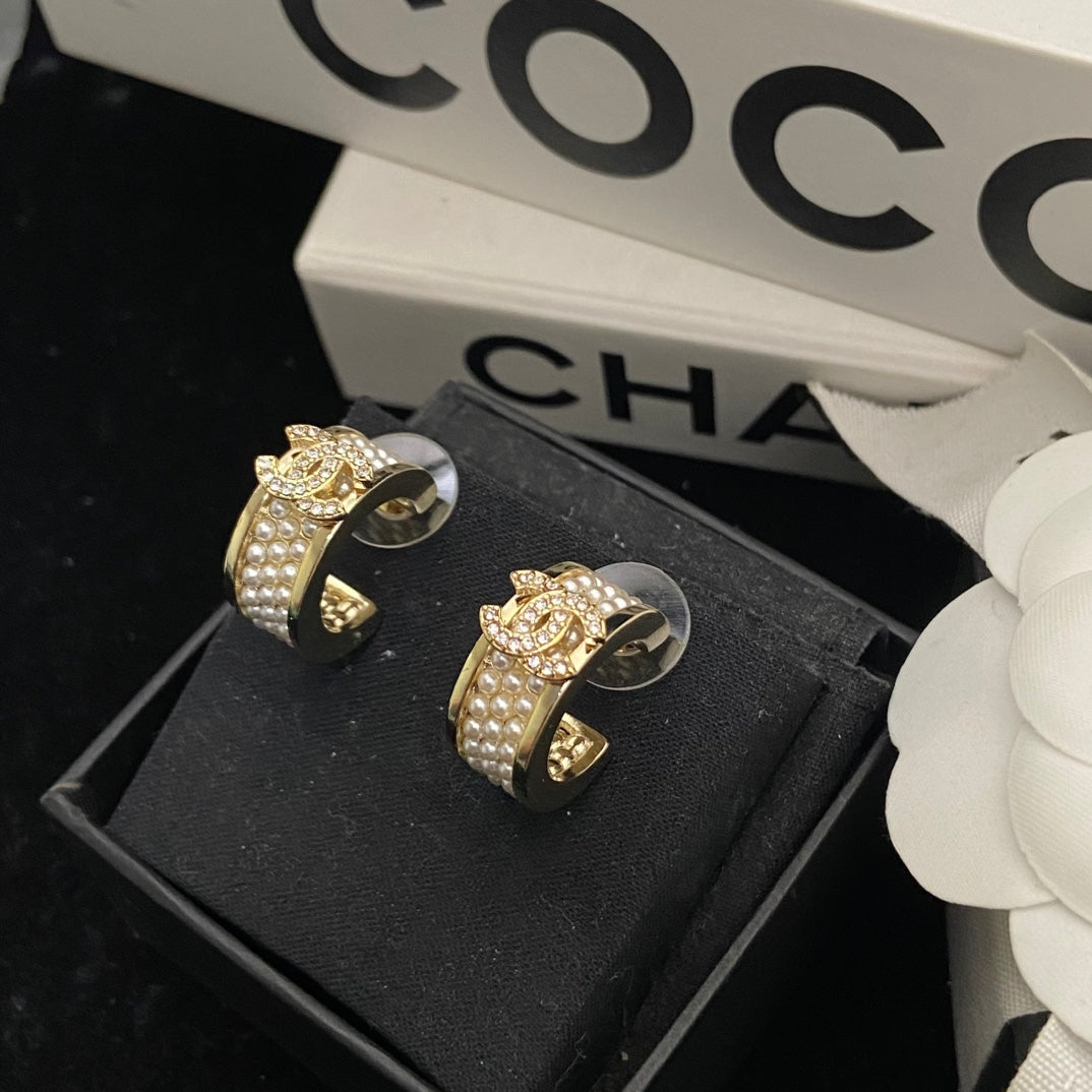 Pearl-Effect Pave Band Hoop Earrings