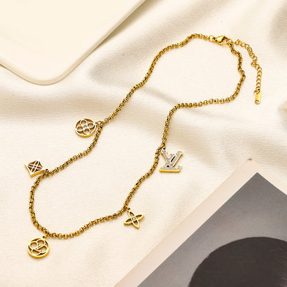 304 Stainless Steel Mixed Floral Monogram Charm Necklace