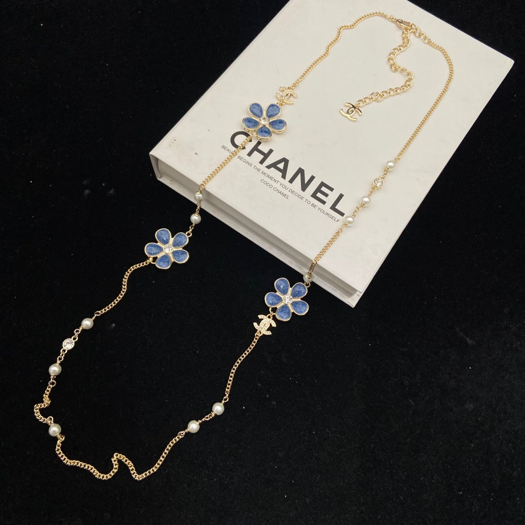 Blue Flower & Pearl-Look Bead Long Necklace