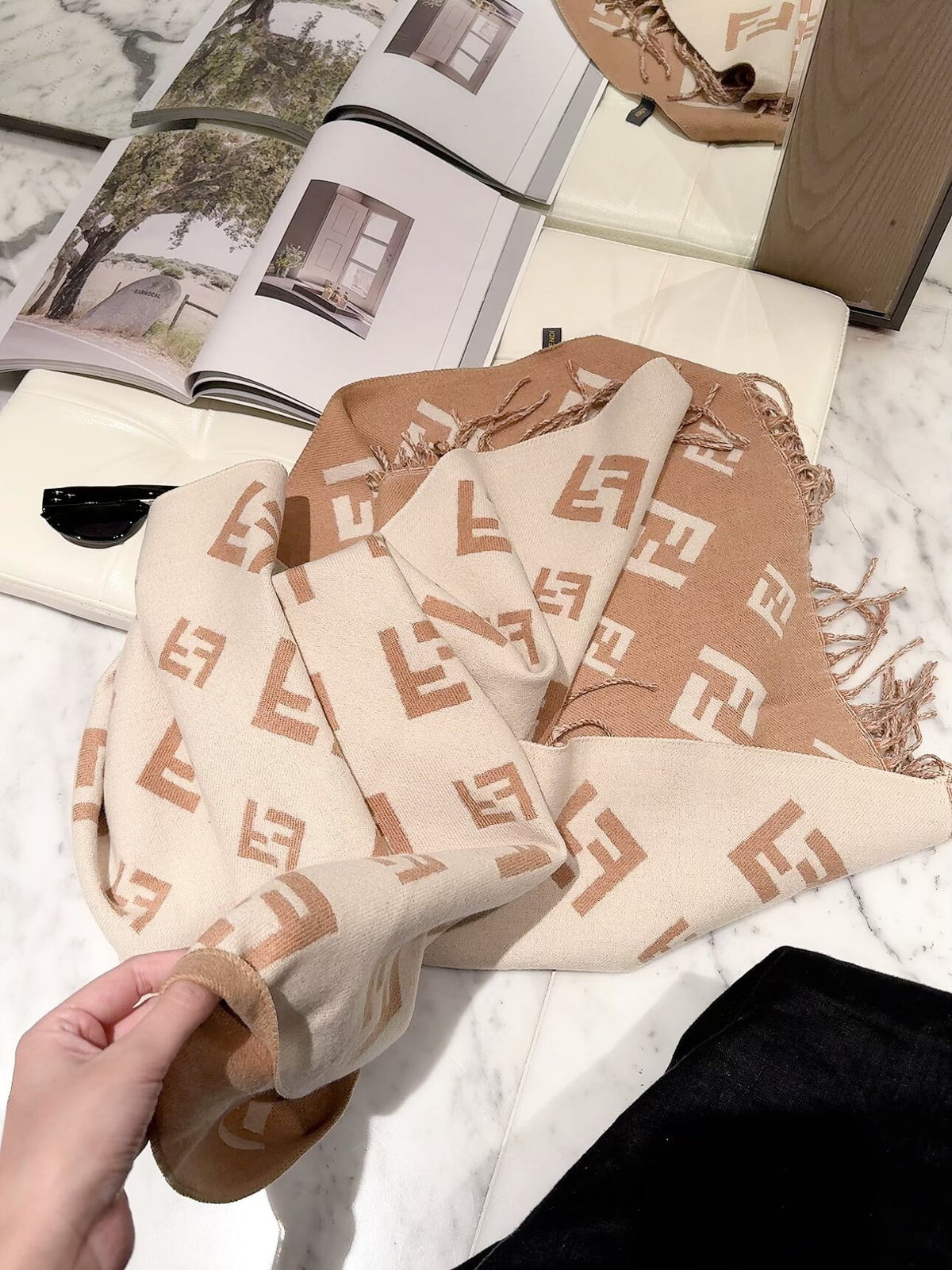Geometric F-Motif Fringed Scarf