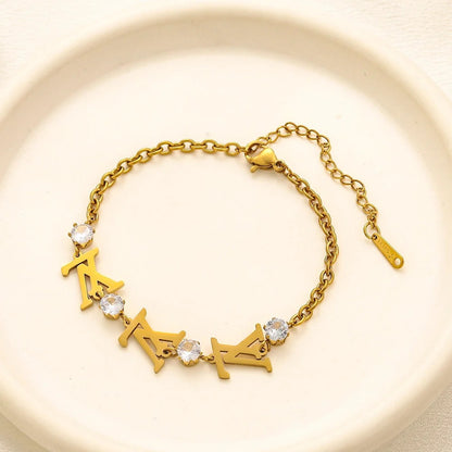 304 Stainless Steel Monogram & Round Stone Chain Bracelet