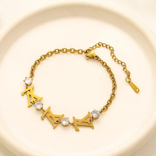 304 Stainless Steel Monogram & Round Stone Chain Bracelet