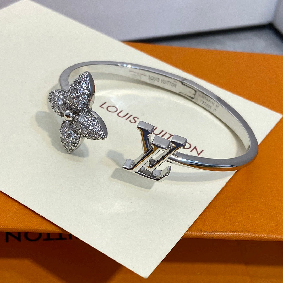 Pave Flower & Monogram Cuff Bracelet