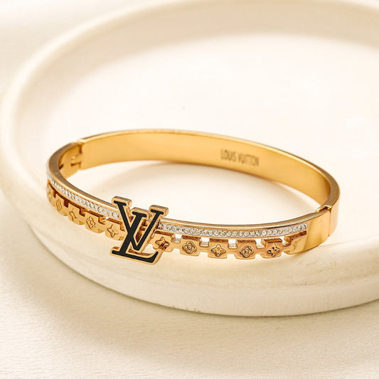 304 Stainless Steel Beaded-Edge Monogram Bangle Bracelet