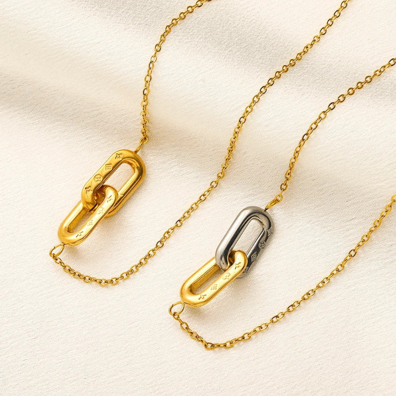 304 Stainless Steel Two-Tone Interlocking Oval Pendant Necklace