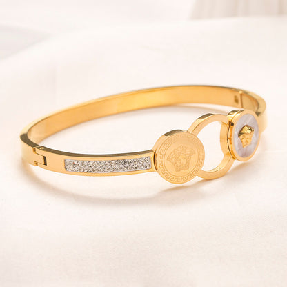 304 Stainless Steel Pave Round Medallion Bangle Bracelet