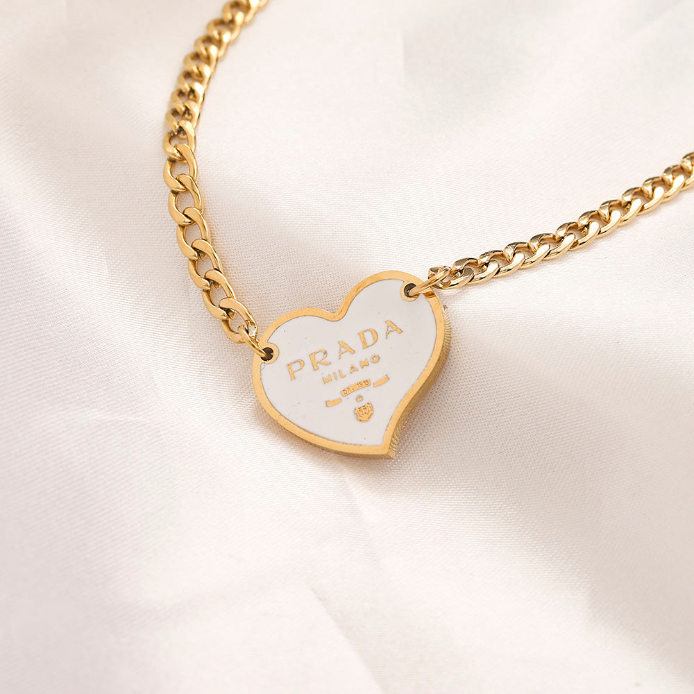 304 Stainless Steel Color-Inlay Heart Pendant Curb Chain Necklace