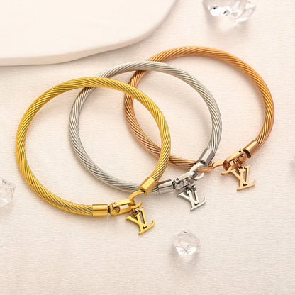 304 Stainless Steel Mesh Cord Bracelet with Monogram Charm