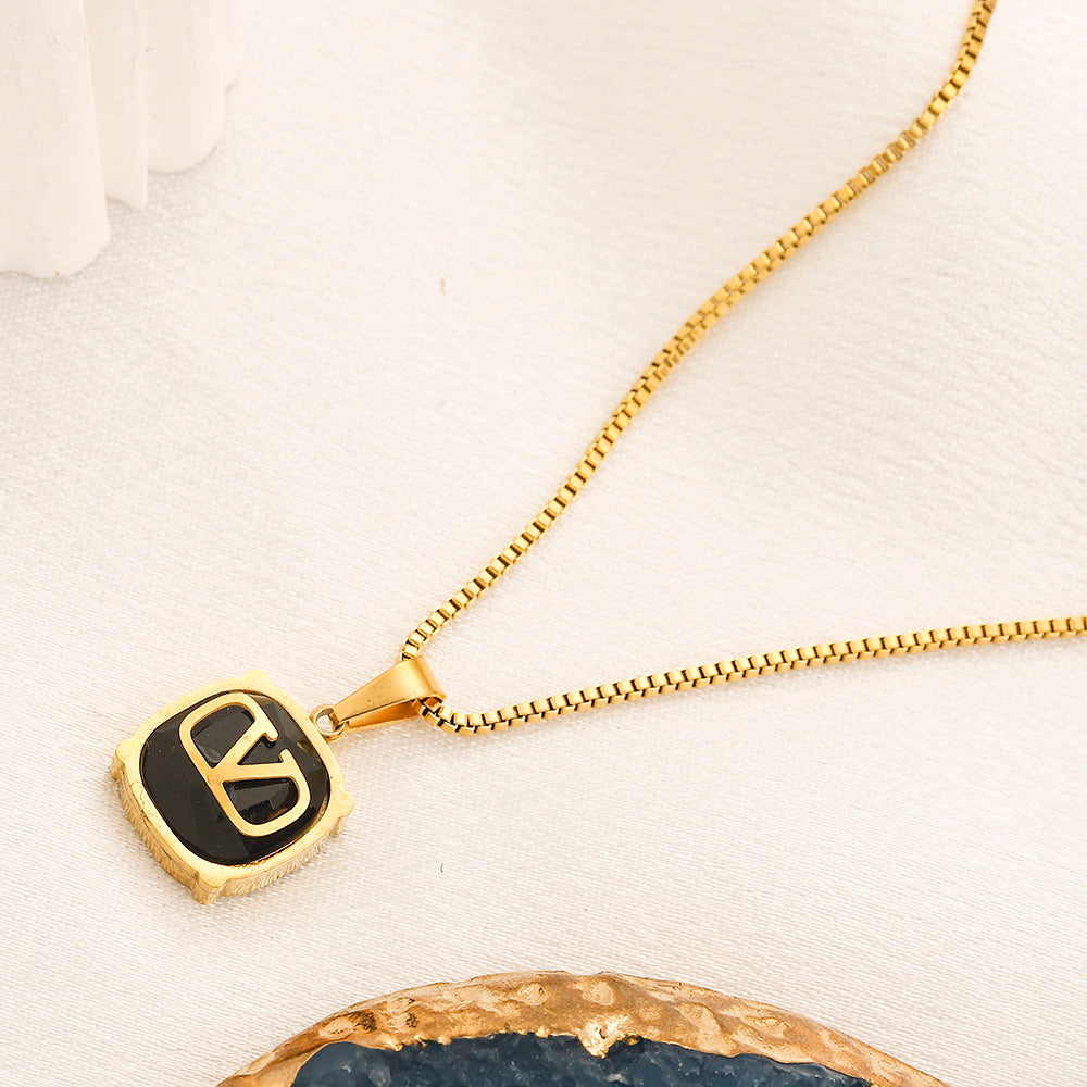 304 Stainless Steel Color-Inlay V-Motif Pendant Necklace