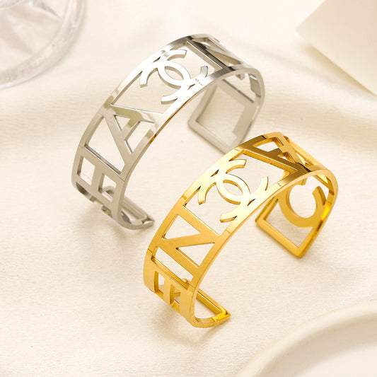 304 Stainless Steel Wide Openwork Lettering Cuff Bracelet