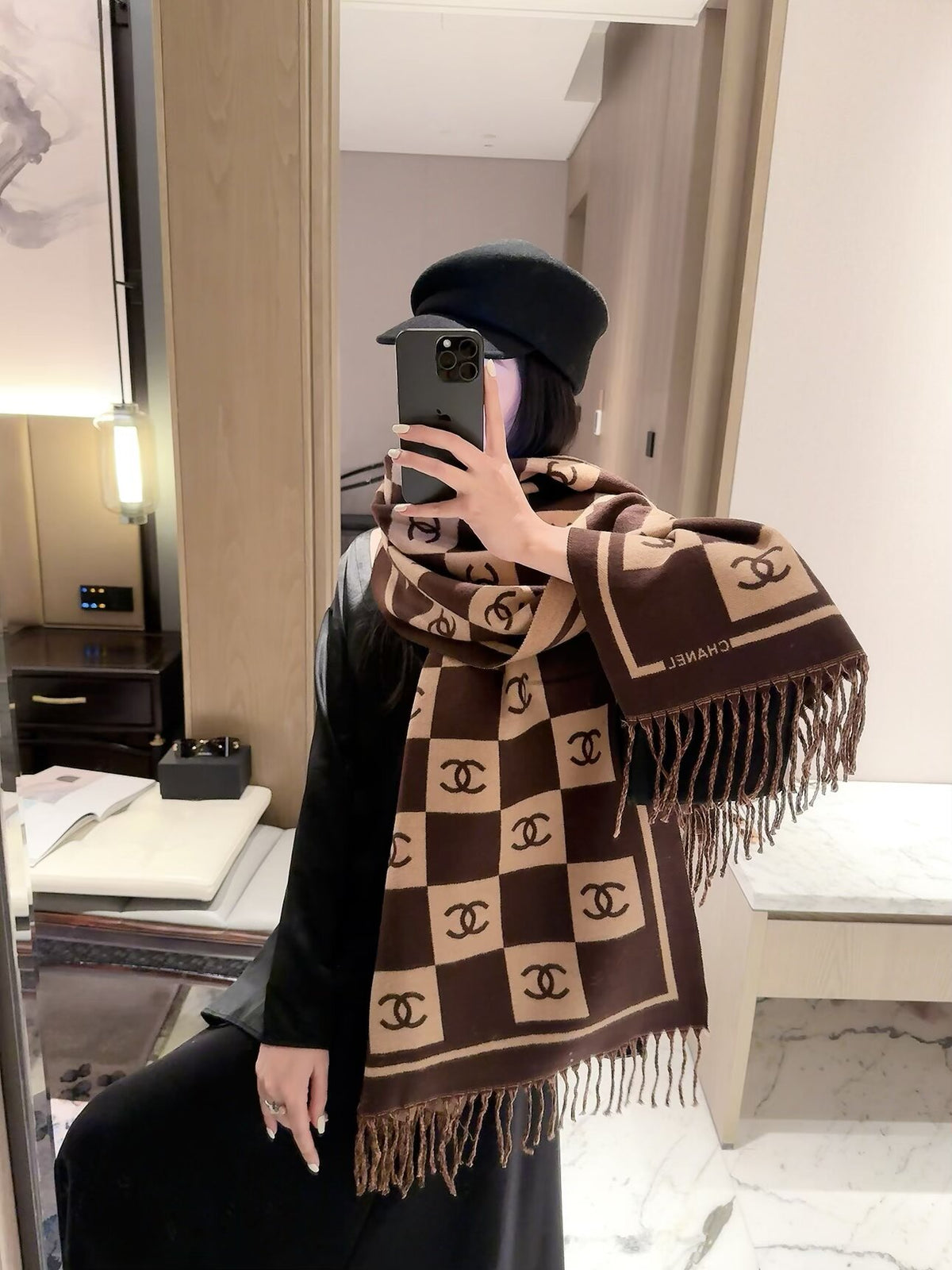 Checkerboard Monogram Scarf with Fringed Ends