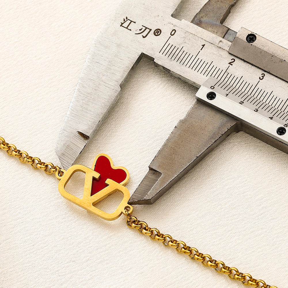 304 Stainless Steel Red Heart & V-Motif Chain Bracelet