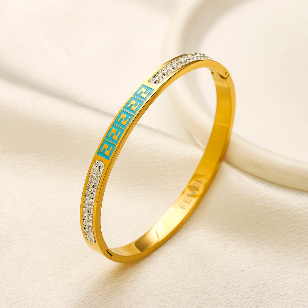 304 Stainless Steel Color-Inlay Lettering Pave Bangle Bracelet