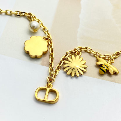 Floral Charm & Pearl-Look Bead Necklace