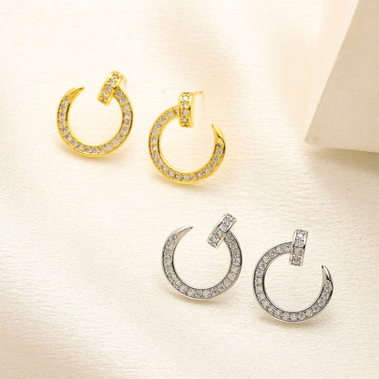 304 Stainless Steel Pave Open Circle Stud Earrings