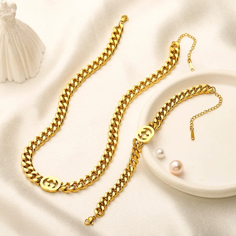 304 Stainless Steel Double-G Curb Chain Bracelet & Necklace - Individual or Set