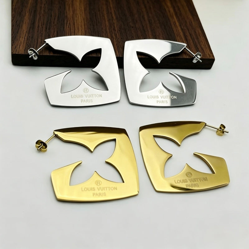 304 Stainless Steel Square Floral Cutout Hoop Earrings