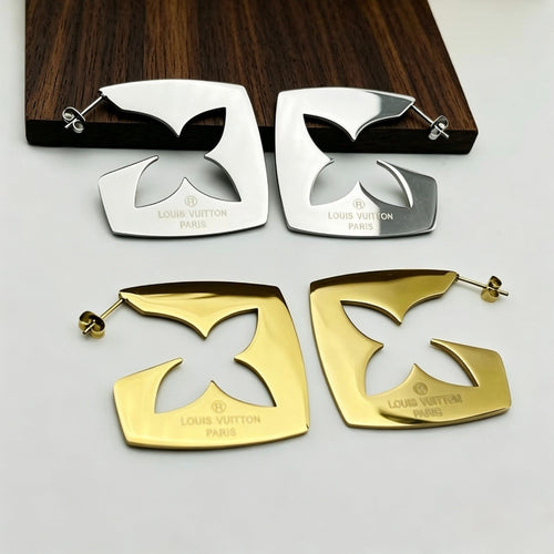 304 Stainless Steel Square Floral Cutout Hoop Earrings