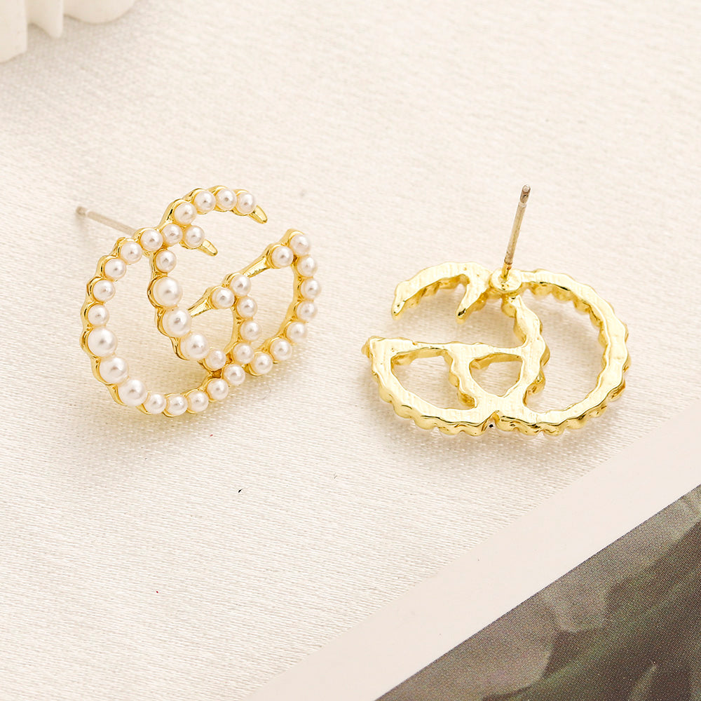 304 Stainless Steel Beaded Interlocking-G Stud Earrings