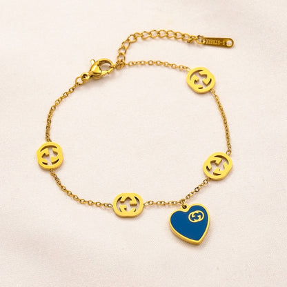 304 Stainless Steel Round Monogram & Heart Charm Bracelet