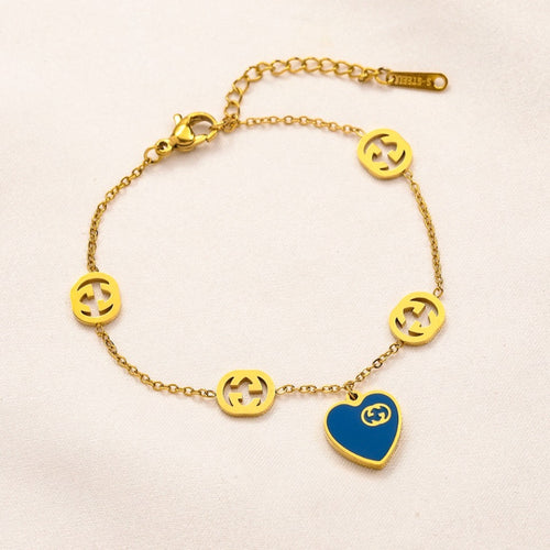 304 Stainless Steel Round Monogram & Heart Charm Bracelet