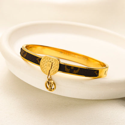 304 Stainless Steel Pave Color-Inlay Bangle with Round Charm