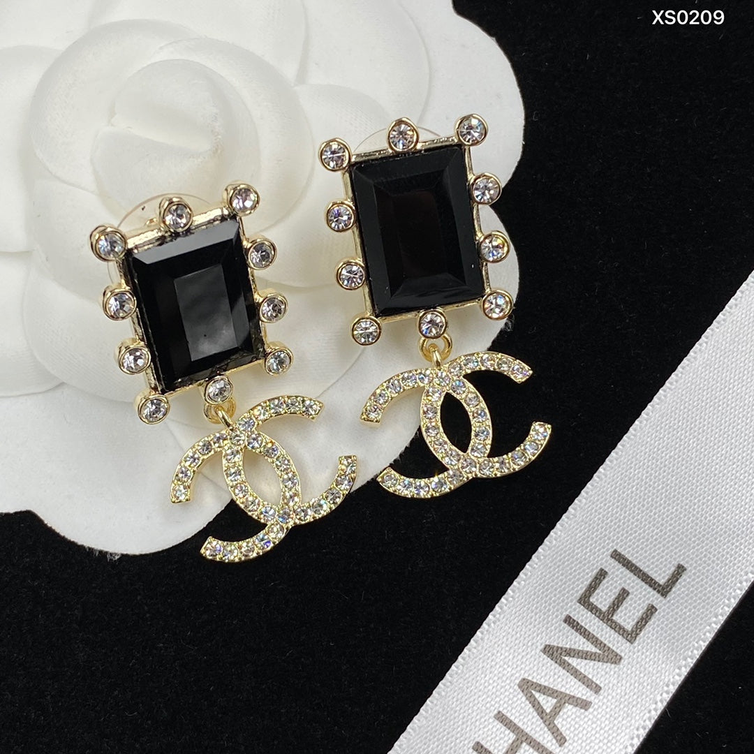 Black Rectangle & Interlocking-C Drop Earrings