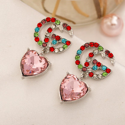 304 Stainless Steel Multicolor Stone Heart Drop Earrings