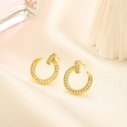 304 Stainless Steel Pave Open Circle Stud Earrings
