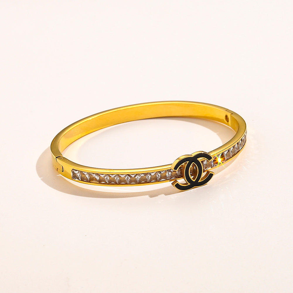 304 Stainless Steel Slim Pave Interlocking-C Bangle Bracelet