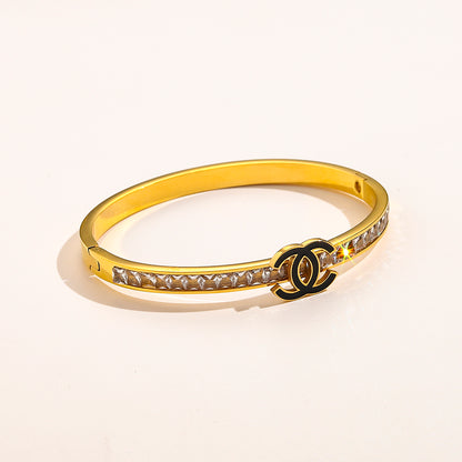 304 Stainless Steel Slim Pave Interlocking-C Bangle Bracelet