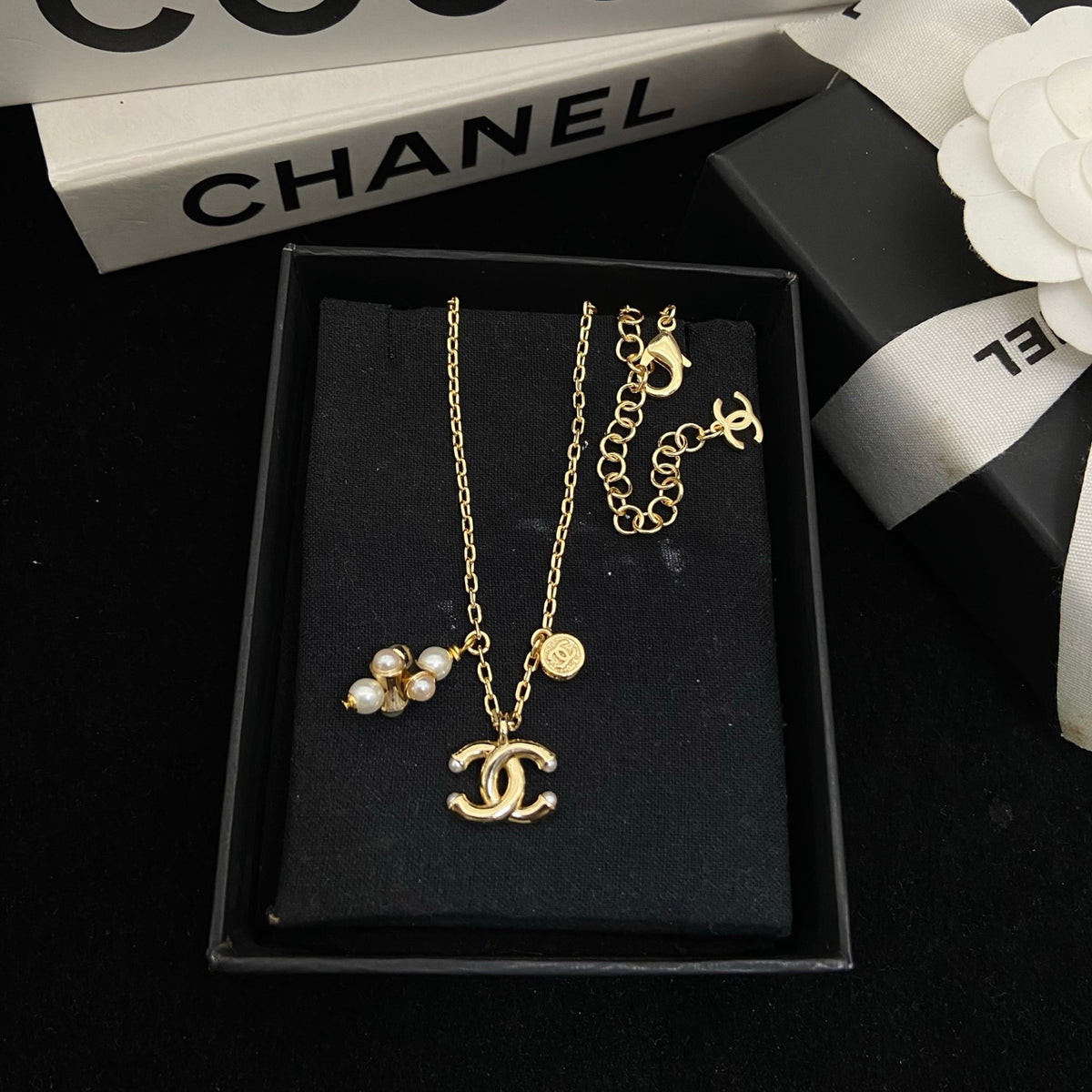 Interlocking-C Necklace with Pearl-Look Cluster