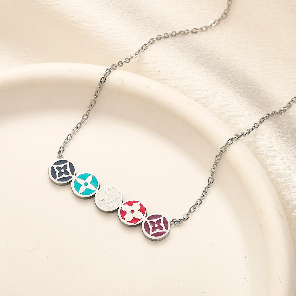 304 Stainless Steel Multicolor Round Monogram Necklace