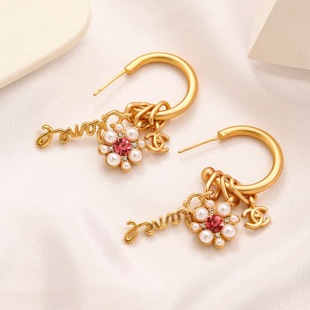 Alloy Letter & Bead Cluster Charm Hoop Earrings