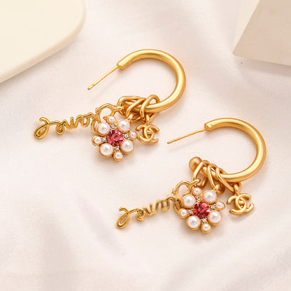 Alloy Letter & Bead Cluster Charm Hoop Earrings